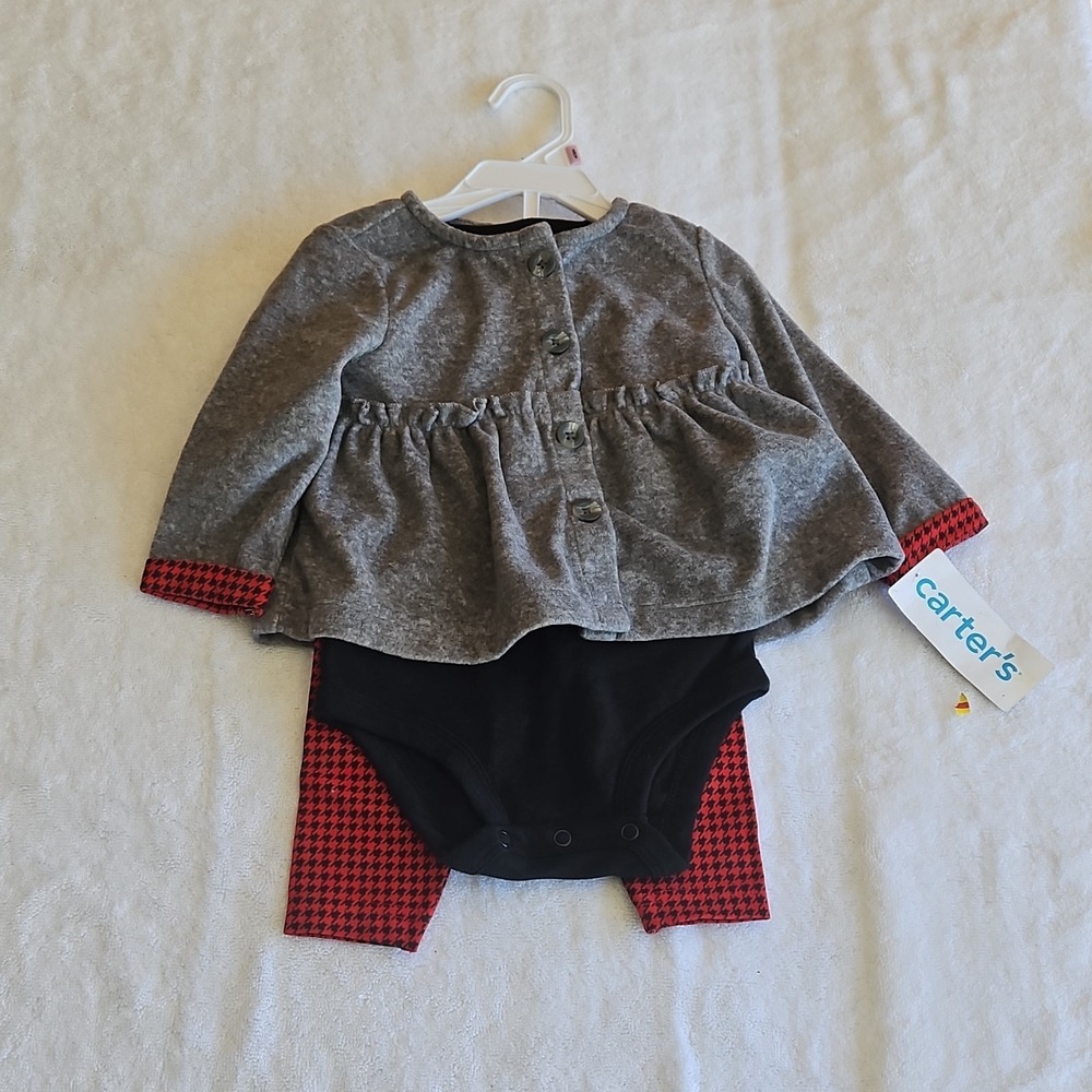 Carter's 3 Piece Baby Outfit Set Gray Top Red Houndstooth Pants 9m
